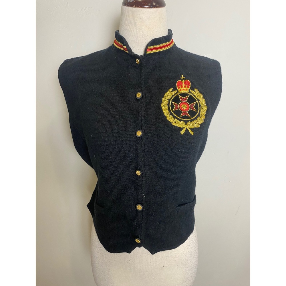 Vintage Jones New York Military Crest Sweater Vest Black Lambswool Blend Medium